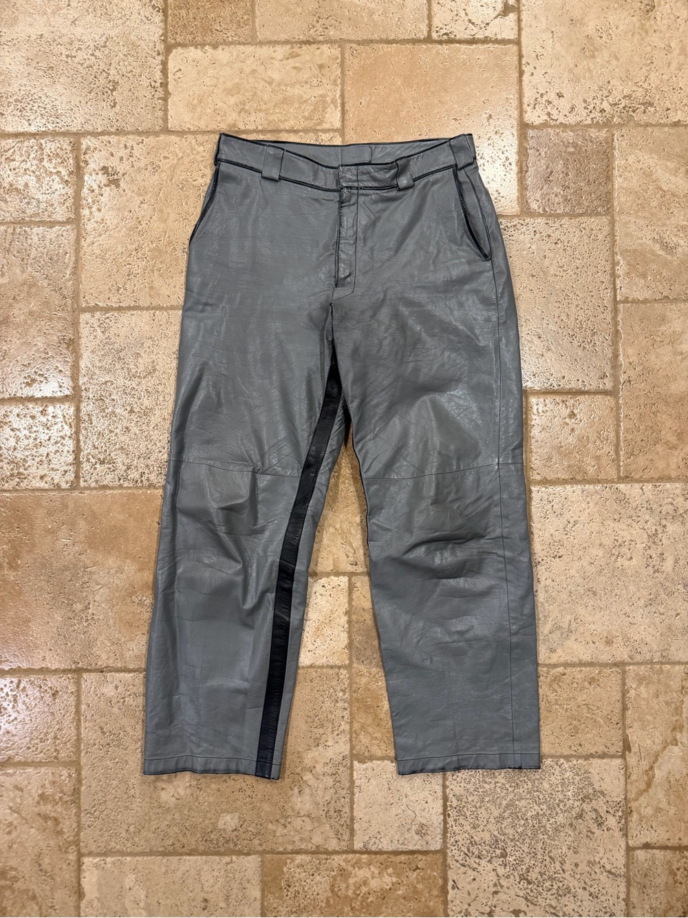 Prada FW 2018 Gray Calfskin Leather Wide Side Stripe Pants